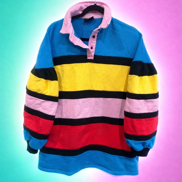 Lazy Oaf Tops - Lazy Oaf Pink and Blue Striped Rugby Shirt